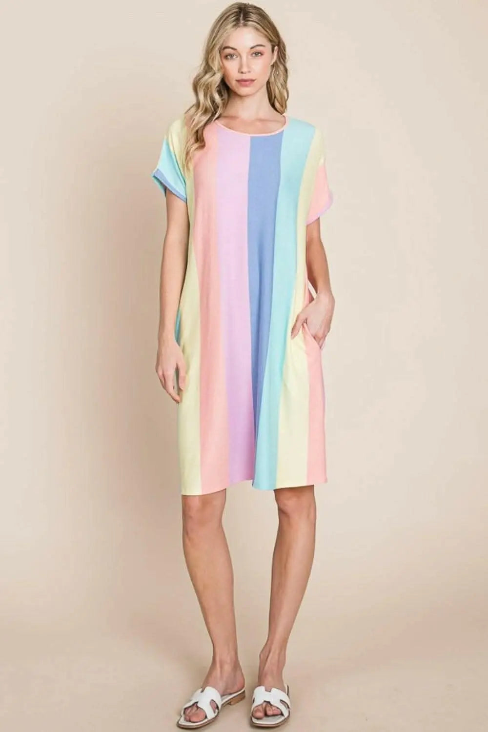 Striped Short Sleeve Dress with Pockets - Classic Elegance - Love Salve